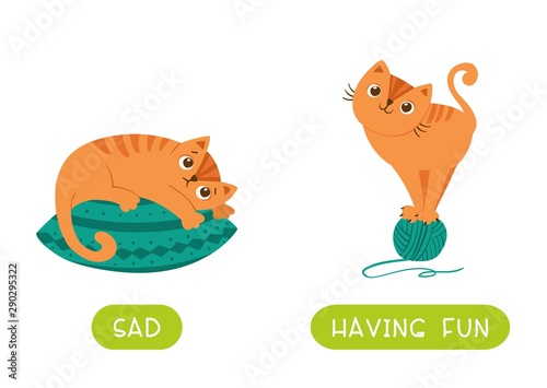Childish word card with antonyms vector template. Mood concept, sad and having fun. Flashcard for foreign language learning. Cat lying on pillow and playful kitten flat illustration with typography