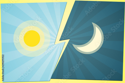 Versus VS Background Sun vs moon on the gap blue background of lines rays Creative template icon sun and moon battle day versus night Cartoon theme cute flat design of fight game contest Vector