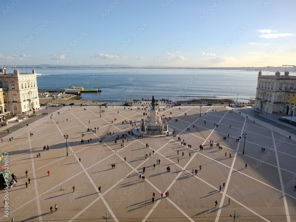 Aerial view of lisbon commercio square with people tourists crowd, city of europe