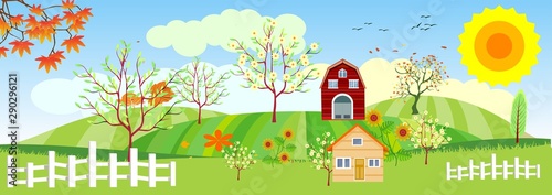 Panoramic of Countryside landscape in autumn,  illustration of horizontal banner in autumn green and yellow hills, farm house,  leaves falling from trees, fence.