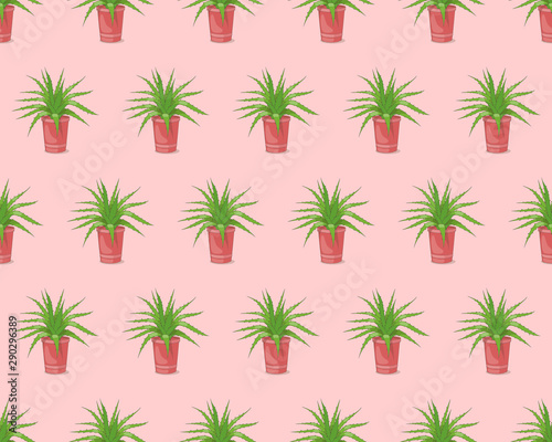 Pink seamless pattern with aloe in the pot