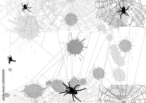 background with spider in webs and blots isolated on white