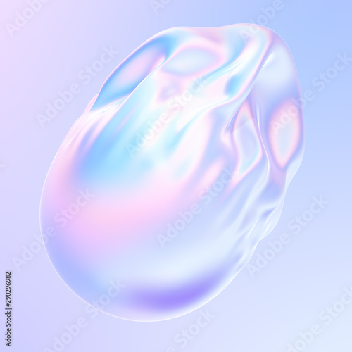 Liquid Metal Shape in holographic colors. Falling abstract iridescent bubble of fabric with folds and ripples. 3d rendering. photo