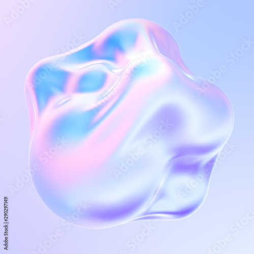 Holographic liquid metal 3D shape. dynamic fluid bubbles covered by holographic foil. Trendy design element. 3d rendering.