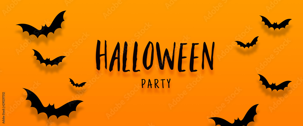 Happy halloween banner with bats flying over orange background. Autumn holiday composition.