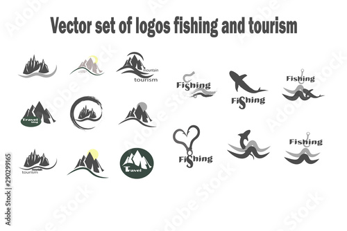 Big collection of vector icons fishing and mountaineering. Stylish flat design icons with mountains - mountain tourism  skiing. Fishing and tourism vector illustration.