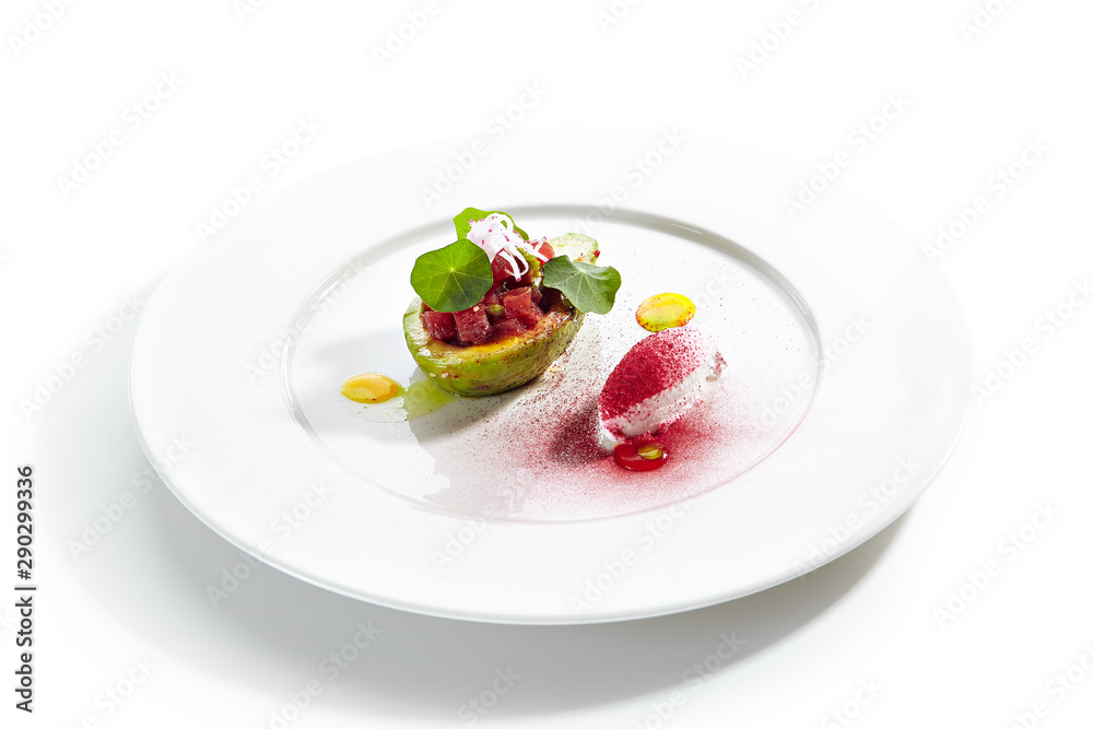 Tuna Tartar Made from Raw Fish Served in Avocado