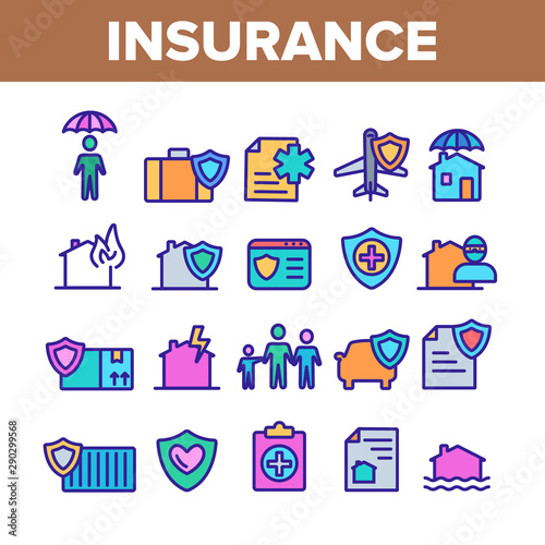 Insurance Collection Elements Vector Icons Set Thin Line. House Insurance From Fire And Lightning, Flood And Burglary Concept Linear Pictograms. Life-assurance Color Contour Illustrations