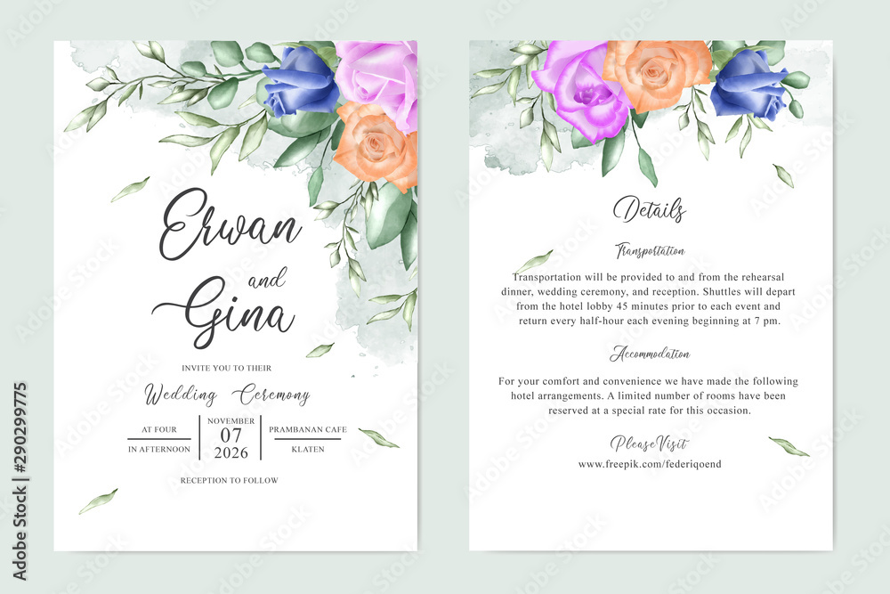 watercolor Floral wedding invitation template card design