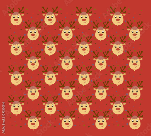 red background with many smiling deer, heads