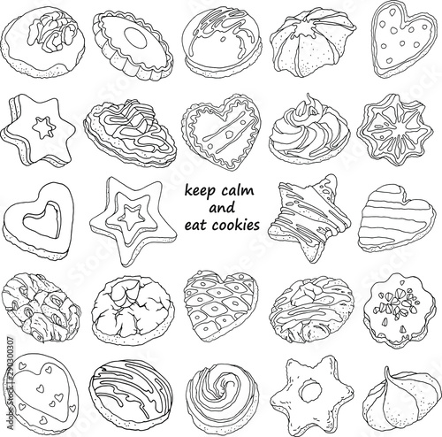 Vector set with hand drawn linear different cakes and cookies  stars  heart  round shape. Minimalism  monochrome food design.