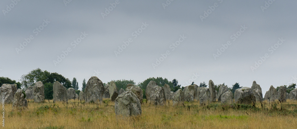 panorama view of the standing stone alignments of Carnac in Brittany