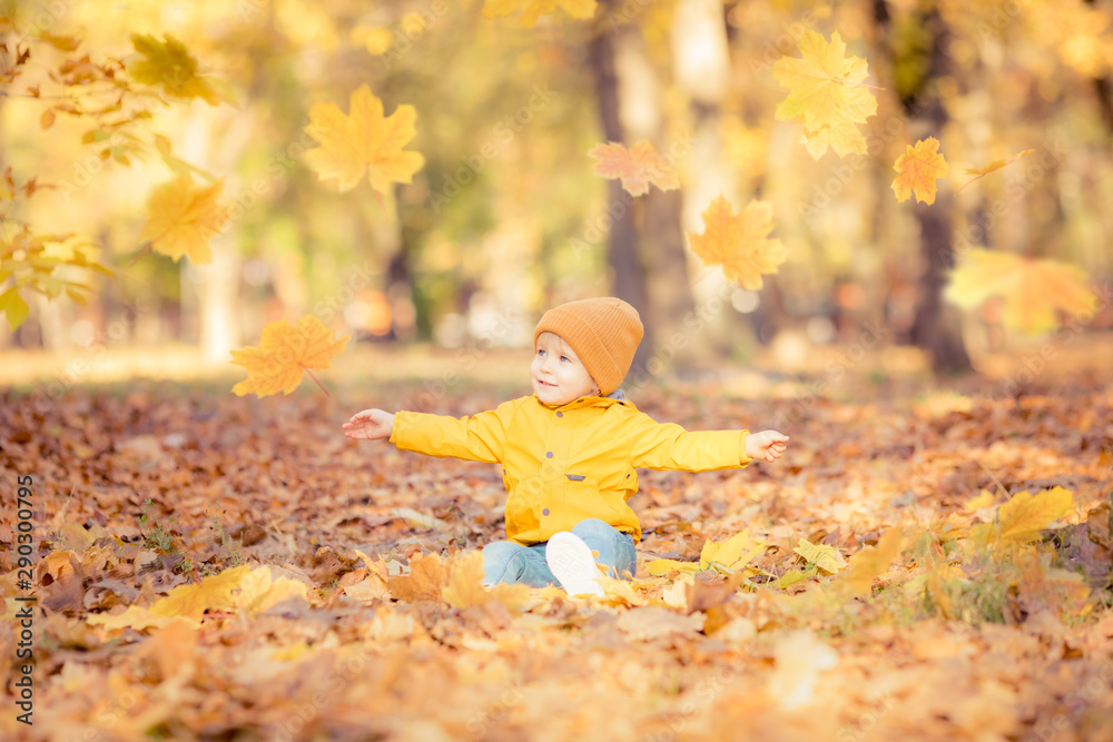Happy child having fun in autumn park - obrazy, fototapety, plakaty 
