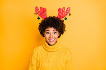 Festive event is coming Getting good mood concept. Close up photo of glad excited cheerful cool hipster people wearing humorous comic masquerade headband isolated bright color background