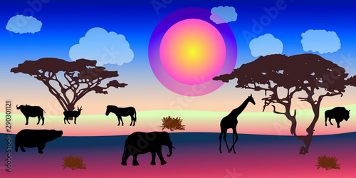 African savanna landscape. Wild animals in National park. Safari travel concept.