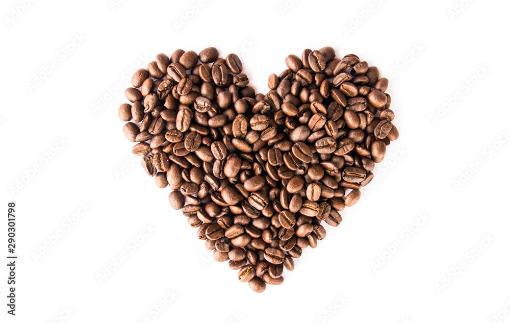 Roasted coffee beans with heart shape on white background Roasted coffee beans with heart shape on white background