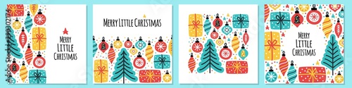 Cute set of Merry Little Christmas backgrounds with hand drawn Christmas tree, balls and present boxes