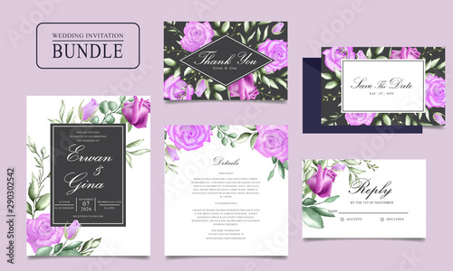 Wedding invitation card bundle with watercolor floral and leaves template