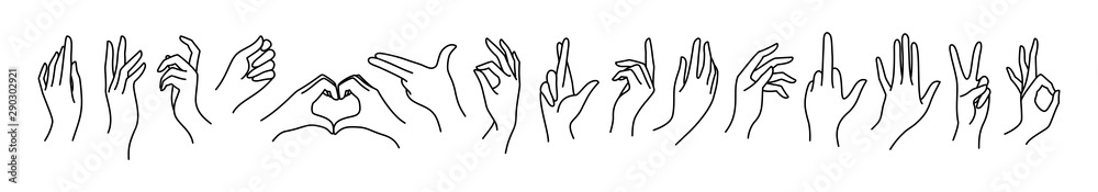 Woman's hand icon collection line Vector set of female hands of different gestures peace, okay, symbol Gun, Lucky, heart Woman's hand icon collection line Vector set of female hands of different gestures peace, okay, symbol Gun, Lucky, heart