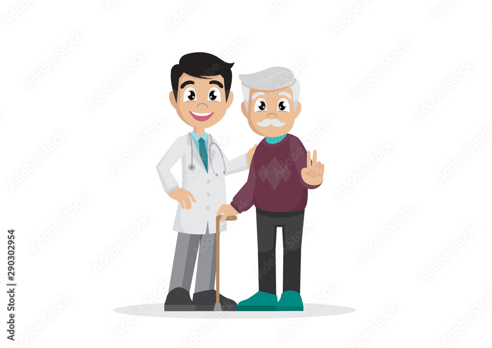 Cartoon character, Pensioners with doctor. Cartoon character, Pensioners with doctor.