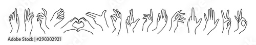 Woman's hand icon collection line Vector set of female hands of different gestures peace, okay, symbol Gun, Lucky, heart