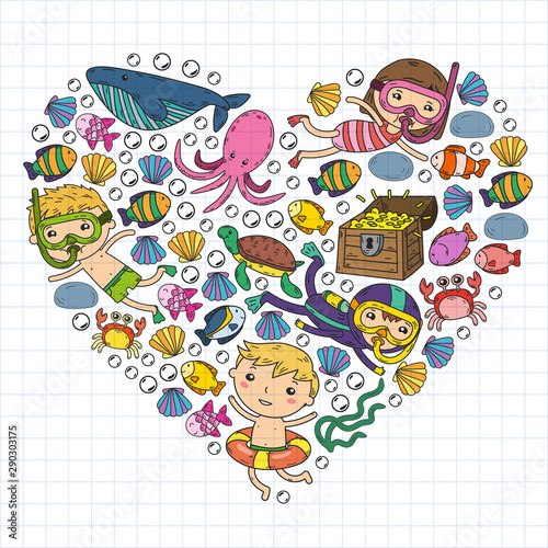 Underwater. Kids waterpark. Sea and ocean adventure. Summertime. Kids drawing. Doodles image. Cartoon creatures with children. Boys and girls swimming