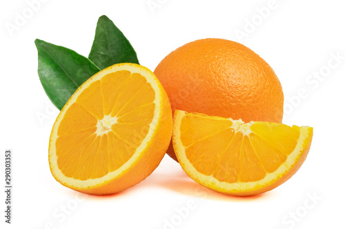 Orange half and slice with leaf isolated on white background with clipping path