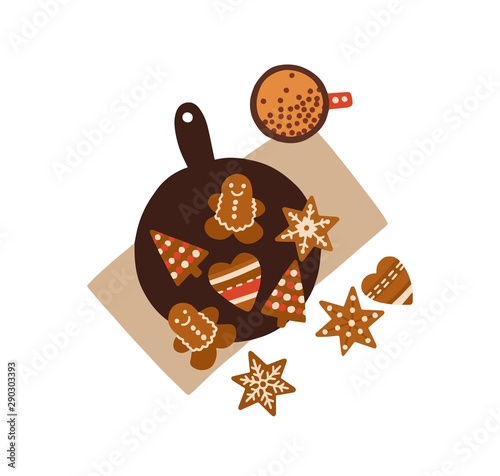 Christmas gingerbreads top view flat vector illustration. Xmas festive traditional cookies with icing composition isolated on white. Homemade biscuits and cup of hot drink creative design element.