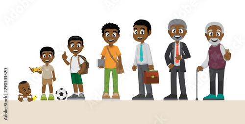 Cartoon, Character of a African man in different ages.. Baby, child, teenager, young, adult, old people.