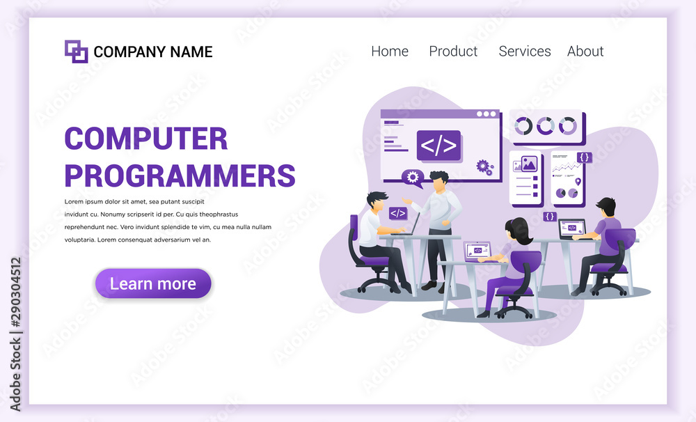Modern Flat design concept of Computer programmers with characters sitting at desk as programmer and developer. Can use for banner, mobil app, landing page, website template. Flat vector illustration