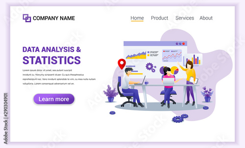 Modern flat design concept of Data Analysis. Characters in Discussion and meeting with presentation screen. Can use for analysis, content strategy, landing page, website. Flat vector illustration