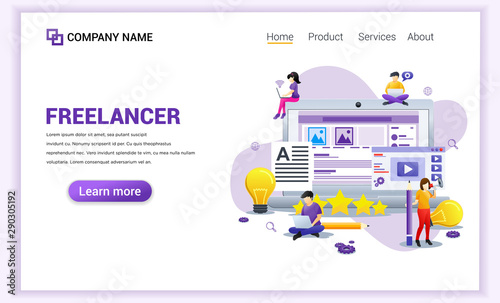Modern flat design concept of Freelancer, blogger, content creator, copy writer with characters using device. Can use for banner, landing page, web design template. Flat vector illustration