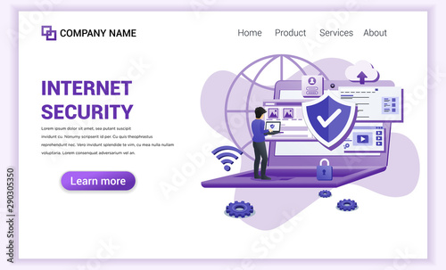 Modern flat design concept of Internet Security with a young man work with laptop checking access, protecting data. Can use for banner, mobile app, landing page, web template. Flat vector illustration