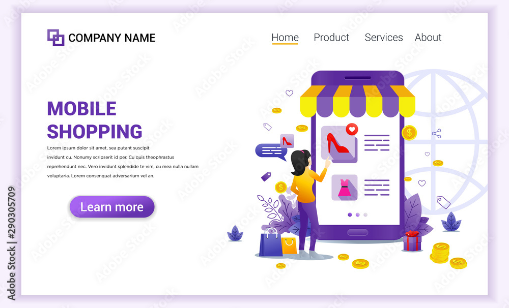 Mobile shopping concept with giant mobile phone displaying store products and woman character. Can use for mobile app, landing page, website design, banner, advertising. Flat vector illustration