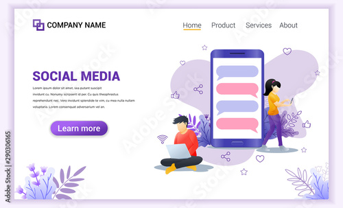 Social media concept with young man and young girl using mobile phone and laptop. Can use for mobile app template, landing page, web design, banner, advertising. Flat vector illustration