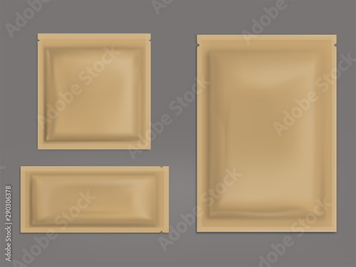Blank, brown plastic sachets mock-up set. Wet wipes, sugar or salt sealed packet, polythene wrapper for sweets, condom disposable container, cosmetics product packaging 3d realistic vector template