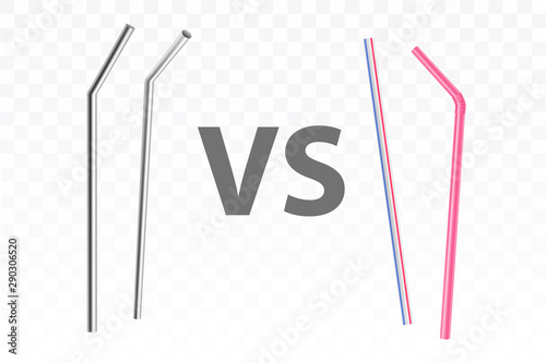 Reusable, metal drinking straws versus disposable, plastic concept. Ecological, stainless steel cocktail straws comparison to old, polluting environment utensil isolated, 3d realistic vector objects