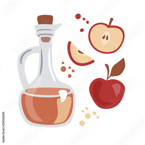 Trendy vector illustration Apple cider vinegar. Glass pitcher with the fermented vinegar and fresh fruits. Elements in modern flat style isolated on white background. Healthy eating and cooking theme.