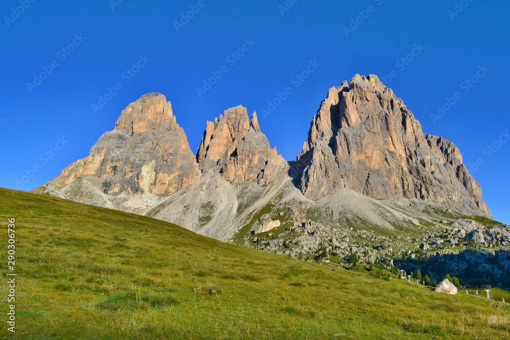 The impressive Langkofel - Sassolungo peaks, Dolomites, Italy. Beautiful place for climbing, hiking, via ferrata. 