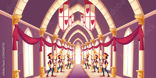 Royal ball, solemn ceremony in kings castle concept. Fairytale trumpeters with playing cards hearts symbols on capes, standing in long corridor, playing greeting march cartoon vector illustration