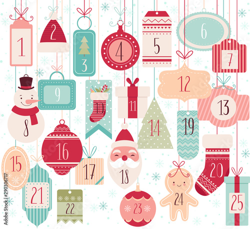 Composition of festive labels and tags for Christmas Advent calendar