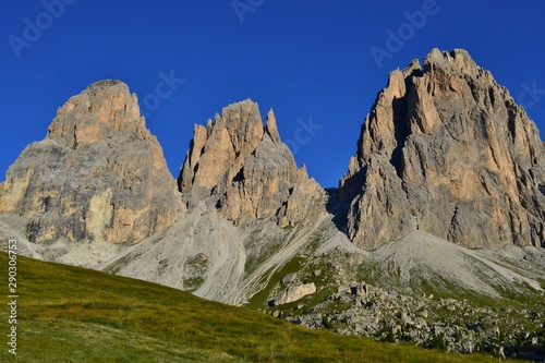 The impressive Langkofel - Sassolungo peaks  Dolomites  Italy. Beautiful place for climbing  hiking  via ferrata. 