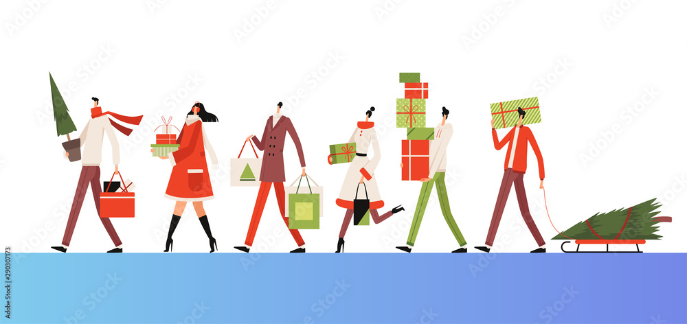Group of people go together and carry New Year's purchases, gifts and spruce. Christmas shopping Group of people go together and carry New Year's purchases, gifts and spruce. Christmas shopping