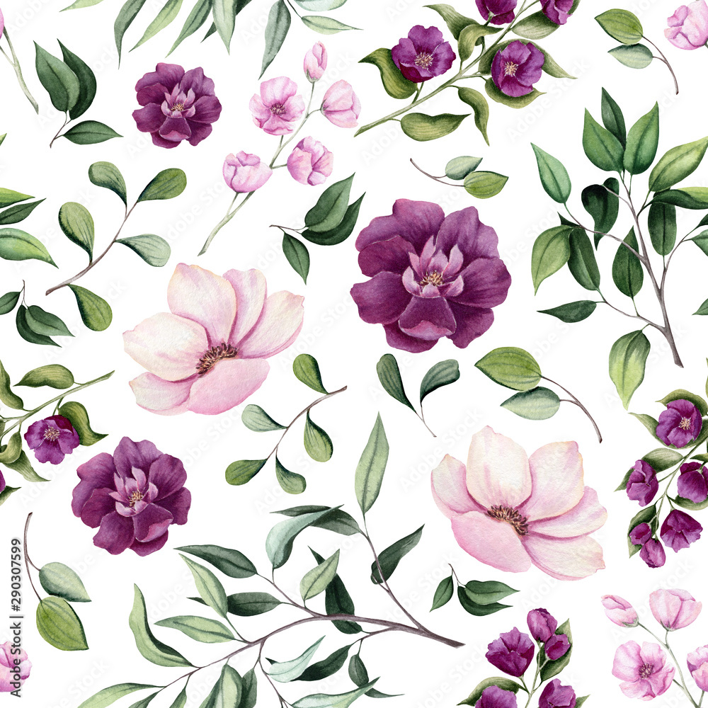 Seamless Pattern of Watercolor Flowers and Willow Leaves