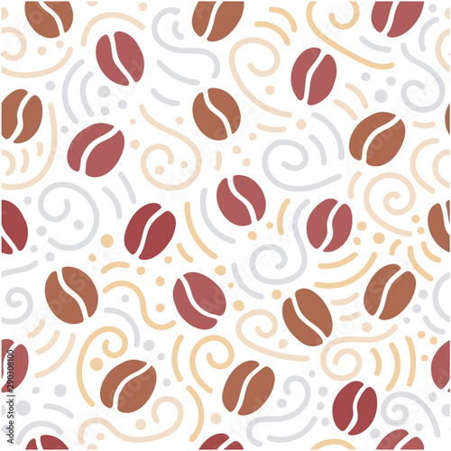 Vector seamless pattern with doodle coffee beans and decorative swirls, dots. Simple background design for coffee shop, cafe, restaurant decoration. Cute hand drawn backdrop.