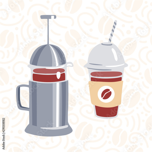 Vector illustration of a hot beverage maker French press and a take away glass of fresh coffee. Modern flat objects on seamless pattern background with coffee beans and decorative swirls and dots.