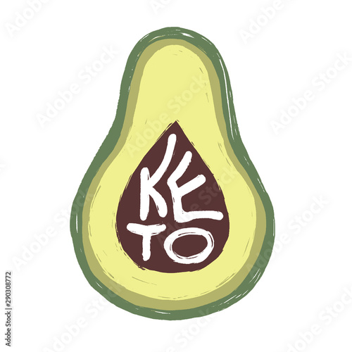 Keto. Hand drawn vector flat illustration of an avocado with hand written word with texture isolated on white background. Motivational card on healthy eating, ketogenic and low card high fat diet. 