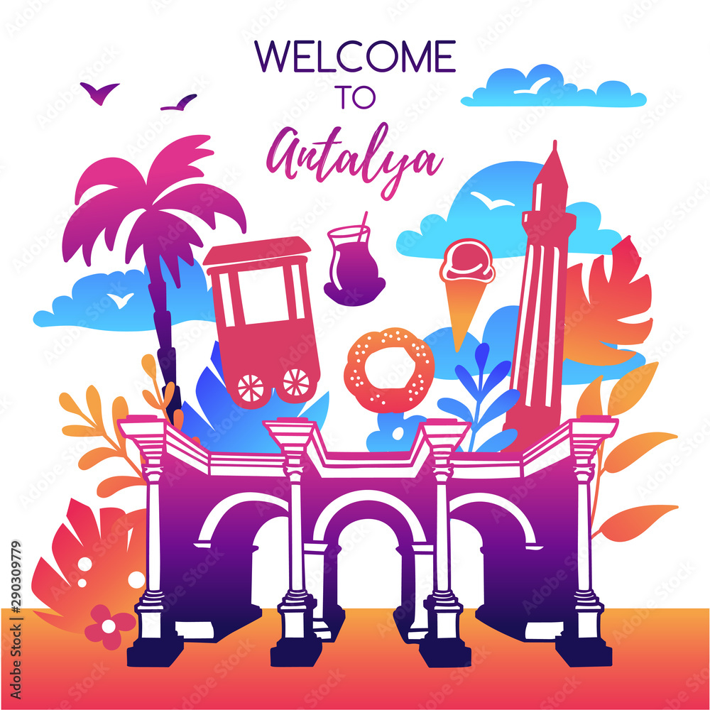 Fotografie Vector illustration Welcome to Antalya, Turkey