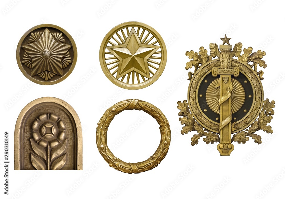 Set of golden decorative elements isolated on white background