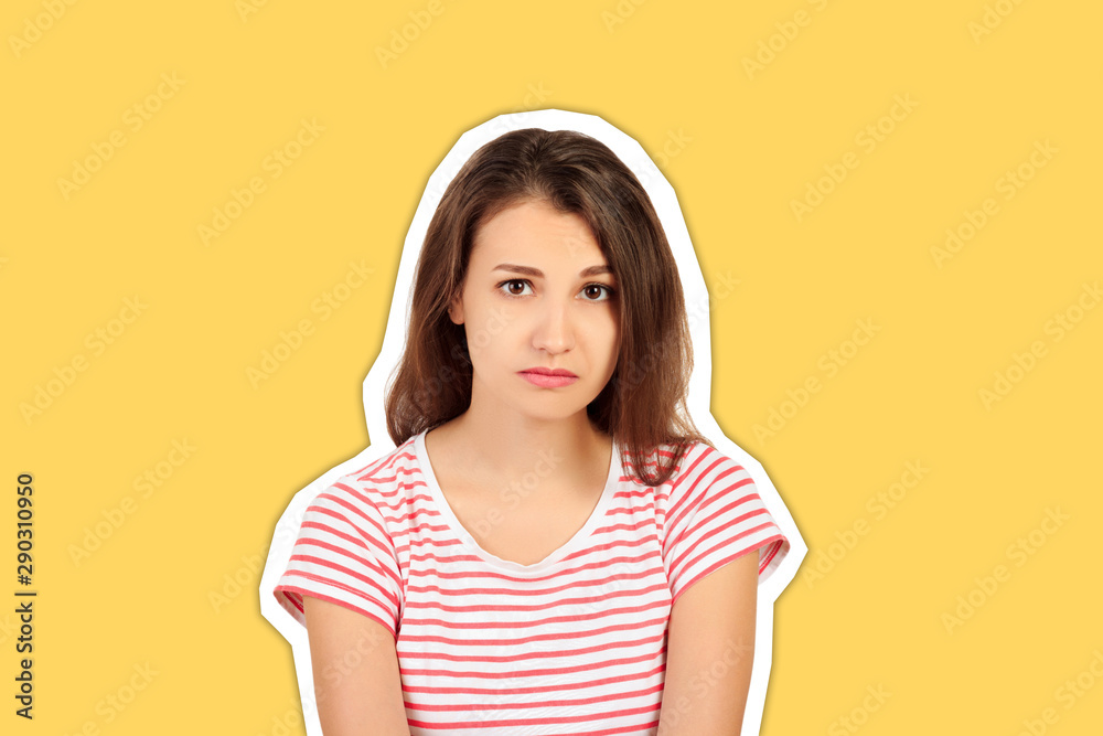 portrait sad unhappy woman isolated on white background. emotional girl Magazine collage style with trendy color portrait sad unhappy woman isolated on white background. emotional girl Magazine collage style with trendy color